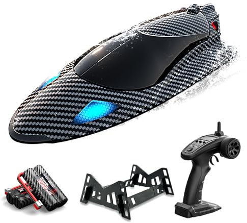 dexinco RC Boot, Hochgeschwindigkeits Ferngesteuertes Boot 35km/h, 2,4 GHz schnelle Rennboote mit LED-Leuchten, 2 Akkus, Halterung, Pools und Seen Spielzeug Geschenk für Kinder und Erwachsene