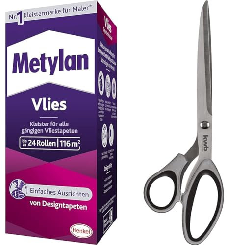 Metylan Vlies, Tapetenkleister für Vliestapeten mit glatter oder strukturierter Rückseite & kwb Tapezier-Schere aus Edelstahl, abgewinkelt, 280 mm Gesamtlänge