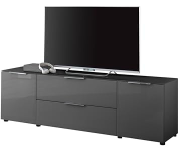 SANTORIN TV-Lowboard TV-Board in Anthrazit, TV-Schrank für TV bis 65 Zoll | 180 x 55 x 40 cm (B/H/T), Front und Oberboden in Glas, viel Stauraum, Wohnzimmer