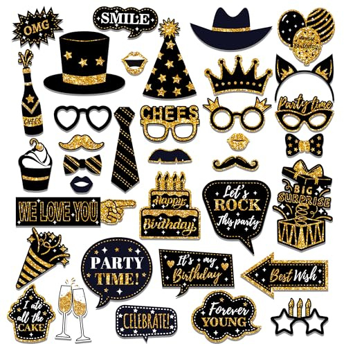 36 Golden Geburtstag Photo Booth,Party Fotoautomat Requisiten Foto Booth Props Photo Fotobox Accessoires mit Hut Kronen für Geburtstag Hochzeit Abschluss Weihnachten Silvester Party Zubehör