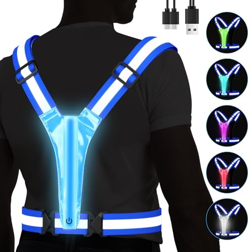 Fitense LED Laufweste Reflektorweste Warnweste, 5 Lichtfarben, Reflektorweste Lauflicht, Reflektierende Weste Lauflampe USB Aufladbar für Joggen Wandern Radfahren, Leuchtweste für Männer Frauen Kinder