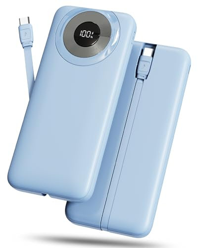 Power Bank 10000mAh, Sottile Powerbank 5V/3A Ricarica Rapida USB C Ingressi e Uscite, Potente Caricatore Portatile con Cavi Integrati, Caricabatterie Portatile per iPhone Samsung Cellulare Tablets ecc