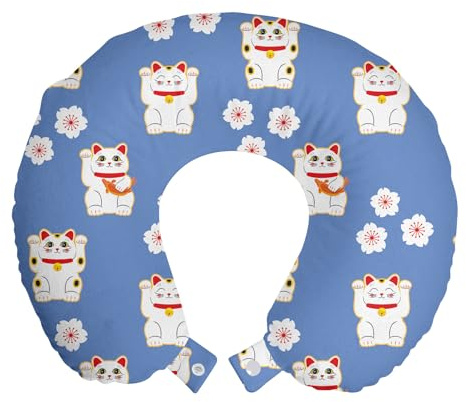 ABAKUHAUS Katze Reisekissen Nackenstütze 2er Pack, Maneki Neko-Katzen-Muster Schaumstoff Reiseartikel für Flugzeug und Auto, 30x30 cm, Azure Blau Dunkelrosa