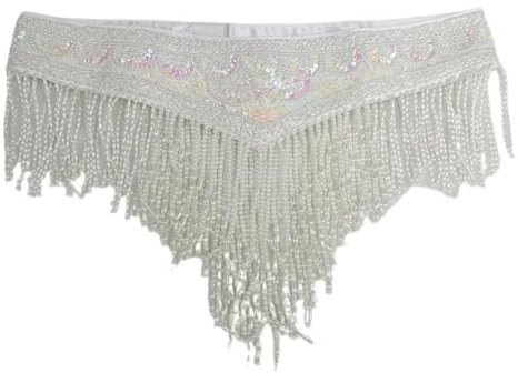 UGLYAF Bauchtanz-Kostüm for Damen, Pailletten, Hüfttuch, Wickeltuch, Bauchtanz-Gürtel Mit Quastenperlen, Taillenkette, T201(White,120CM)