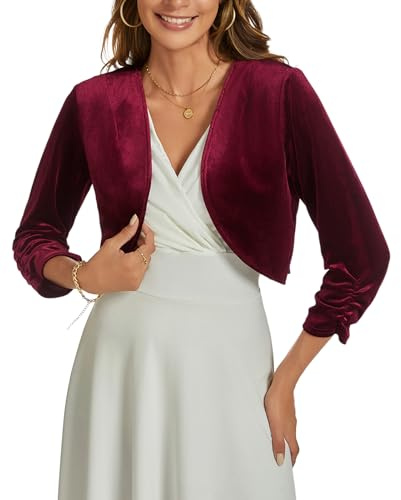 YOUNIFIZ Women's Velvet Bolero Shrug Cocktail Party Open Front Ruched 3/4 Sleeve Cropped Bolero Cardigan Wine Red