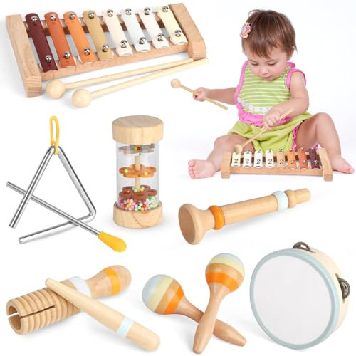 Kids Musical Instruments, Baby Musical Instrument Wooden Percussion Instruments Musical Toys with Maracas Xylophone Tambourine, Montessori Sensory Toys for Toddlers 1 2 3 4 5 Year Old Boys Girls Gift