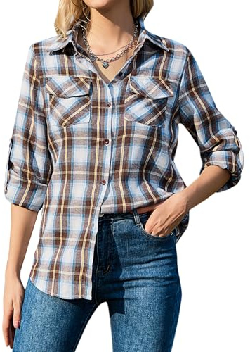 Aottori Camicetta Donna Quadri Elegante Camicia in Cotone Blusa a Maniche Lunghe Camicie Scozzese Flanella vestibilità Classica Blu Marrone S