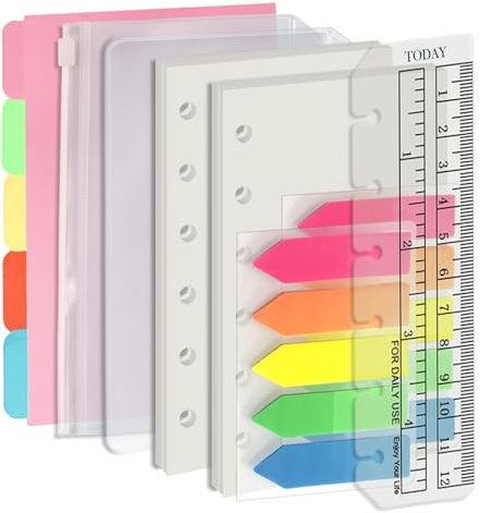 Harphia Juego de relleno de 6 agujeros A7, 90 hojas de papel con pegatinas y separadores, hojas de planificación con bolsillos para cuaderno recargable A7, en blanco