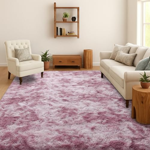 SOANNY Tappeto Soggiorno a Pelo Lungo, Lavabile, Antiscivolo e Morbido, Tie-Dye, Shaggy, per Camera da Letto e Bambini, Scendiletto, 140x200 cm, Rosa Scuro
