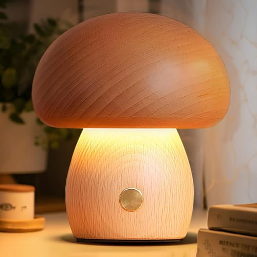 EOEO LED Holz Pilz Tischlampe mit Touch Schalter Akku Dimmbar Warmes Weiß Tischleuchte Modern Innen USB Nachtlicht Pilz Lampe Wohnzimmer Deko Lampe Schreibtischlampe Nachttischlampe für BüRo