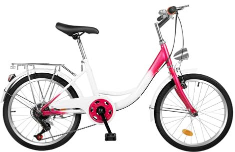 Kinderfahrrad 20 Zoll 6-Gang Kinder Mädchen Fahrrad rosa Kinderrad Citybike,6-Gang-Mädchenfahrrad, Teenagerfahrrad, Rosa, Weiß Kinderfahrrad mit Lampe, Citybike mit Licht, passend für 145-165 cm