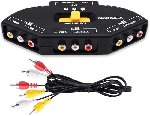 YARCHONN RCA AV Audio Video Switcher Splitter 3 Way Audio Video AV RCA Switch Game Selector Box Splitter 3 in 1 Out Composite Converter Switcher with AV Cable for XBOX DVD PS3 HDTV