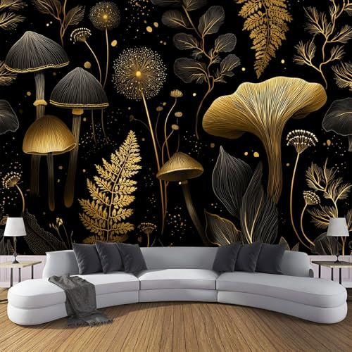 CDXNORA Line ArtPhoto Wallpaper 150×105cm - Black Wall Mural Deco Premium Silk Golden Mushroom Plant Print Wallpaper for Living Room - Home Decoration Bedroom Kitchen Wall Paper