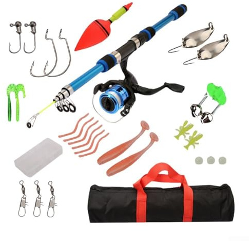 Teleskopruten-Set, 1 8 m, ultrakurze Teleskoprute, Angelset mit Angeltasche, drehbarer Rolle und Auswahl an harten und weichen Ködern