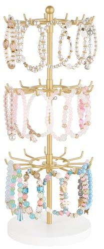 Mkono Bracelet Holder Gold Metal Rotating Bracelet Display Stand 3 Tier Jewelry Tower rack with 36 Hooks and Wood Base Modern Adjustable Storage Organizer Tree for Selling KeyChain Bangle Accessories