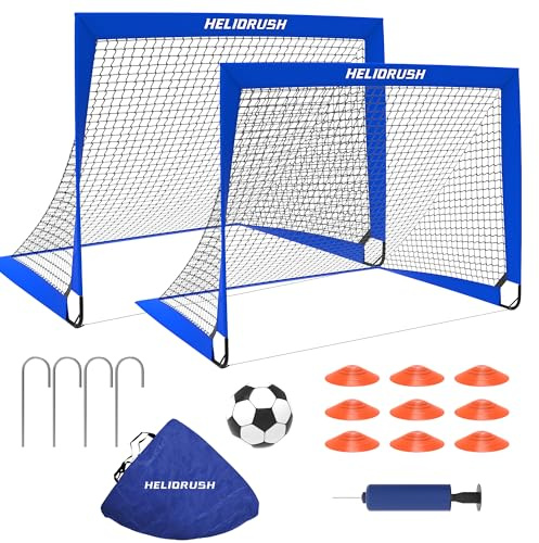 HELIORUSH Fussballtore für Garten Kinder 2er Set - 120x90cm Fußballtor mit 420D Oxford-Gewebe & L-Metallverbindung - Inkl. Fußball Gr. 3, 9 Trainingskegel, Pumpe & Tasche - Stabiles Pop Up Tor TSG011B