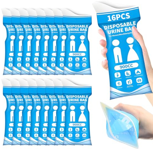 Yeria Disposable Urine Bags, 16 Pack 900ml Portable Urinal,Emergency Urine Bags for Men and Women,Travel Leak-Proof Pee Bags for Car, Camping, Outdoor