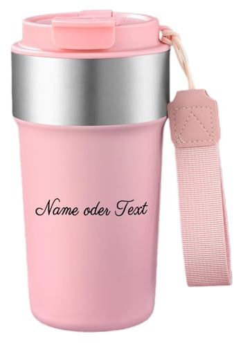 loongway Thermobecher Personalisiert mit Name Edelstahl 510 ml | Trageband für Hand & Rucksack | Trinköffnung, Becherrand & Strohhalm | Heiß/kalt mobil | Präsent für Familie & Lehrer