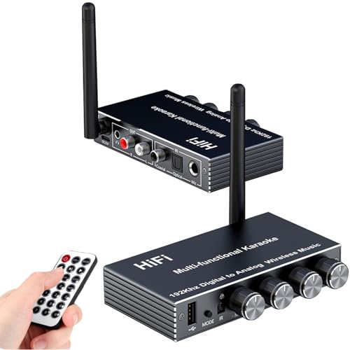 LICAEVEY Adattatore Audio Wireless e Mixer Karaoke, Ricevitore Bluetooth per Stereo Domestico, Converte Altoparlanti Cablati in Wireless, Ingresso Coassiale Ottico, con Telecomando
