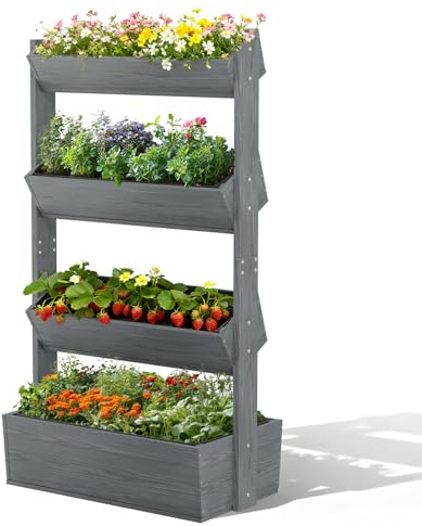 Vertikales Holz Hochbeet mit 4 Etagen Premium Blumenkasten, Frei stehender Blumentreppe Pflanztreppe Gemüsebeet Kräuterbeet Blumenbeet Pflanzkasten für Kräuter, Gemüse, Blumen