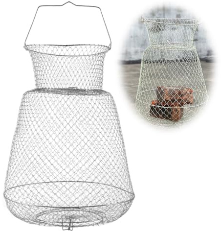 Yuragim Drahtsetzkescher, Faltbares Angeln Fischernetz Metall Fischkorb mit Griff, Runder Tragbarer Köderfischreuse Draht Setzkescher mit Gefederter Deckel, Angelzubehör, Durchmesser: 30cm, Höhe: 40cm