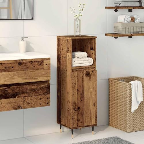 Bendmaxx Badskåp, gammalt träutseende 30 x 30 x 100 cm, trämaterial med järnfötter, 2 fack med dörr och hylla, som badrumsmöbler för ordning i badrummet