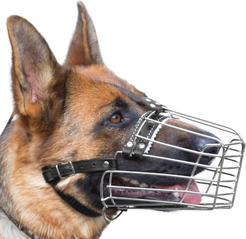Hundemaulkorb aus verchromtem Metall, mit verstellbaren Lederriemen, Deutscher Schäferhund, verstärkt (Nr. 2), Schnauzenumfang ist 29-34,3 cm, Länge 9,9-13 cm. PetriStor