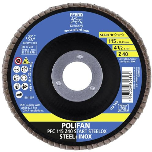 PFERD POLIFAN 69300936 - Disco a ventaglio, 10 pezzi, 115 x 22,23 mm, conico Z40, linea starter steelox | per acciaio, acciaio inox (INOX)