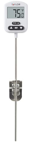 Taylor Programmable Digital Candy and Deep Fry Thermometer with Green Light Alert Display, Long Stem, and Adjustable Pan Clip, White