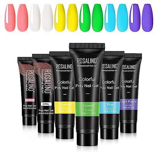 ROSALIND Neon Poly Nail Gel Kit 6 Colors 15ml Green Yellow Blue White Pink and Purple Nail Builder Gel Extension Tubes Set for Women DIY Manicure at Home (Candy Colours)