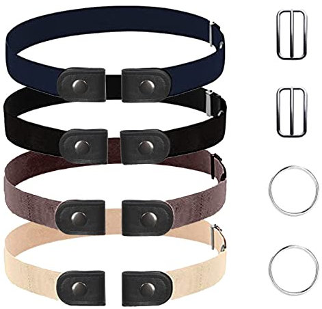 VEGCOO 4 Pièces Ceinture sans Boucle, Élastique Invisible Réglable pour Femme Homme, Extensible Multicolore pour Pantalons, Jeans, Robes (Style A)