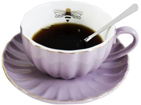 YBK Tech Strengthen Porcelain Cup and Saucer Set, 9oz Cup with Saucer - Gold Bee Inside The Cup (Purple)