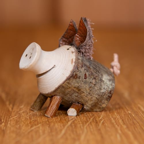 Staboos Astholzschwein 50mm sitzend - Glücksbringer Deko, handgefertigt | Massivholz-Holzfigur mit Naturrinde, jedes Stück ein Unikat – Glücksschwein & Holztier-Deko für Regal & Sideboard