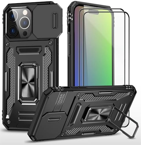 CLYDITE Cover per Iphone 15 Pro max Nero Custodia con Vetro Temperato [2 Pack] Fotocamera Slidable Antiurto Custodia Antiurto Grado Militare 360° Ring Supporto Silicone Custodie