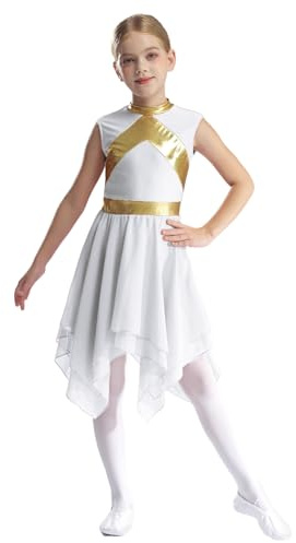 MSemis Vestito da Balletto Danza Classica Bambina Abito da Danza Lirica Contemporanea Senza Maniche Vestito Pattinaggio Artistico Costume da Chiesa Dancewear Performance Bianco 9-10 Anni