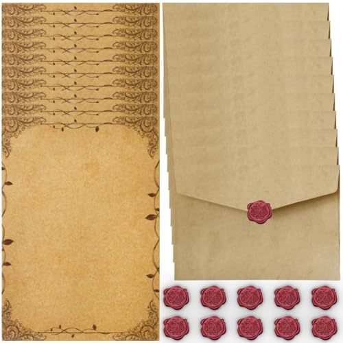 Vintage Carta da Lettere con Busta, Carta da Lettere Decorata Busta Kraft, 10 Buste di Carta Vintage, 16 Carta Vintage Carta da Lettere e 10 Adesivo Sigilli di Cera, per Scrivere e Disegni (Style B)