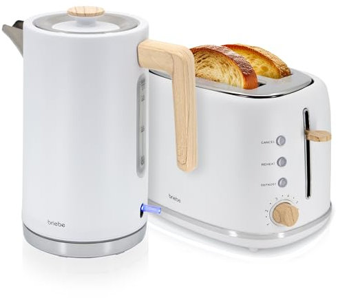 briebe Nordic Ensemble Grille Pain 2 Fentes Tranches Larges, 6 Niveaux de Dorage + Bouilloire Électrique 1,7 L sans Fil, 2200 W, sans BPA, Pack Petit Déjeuner Électroménager, Design Nordique, Blanc