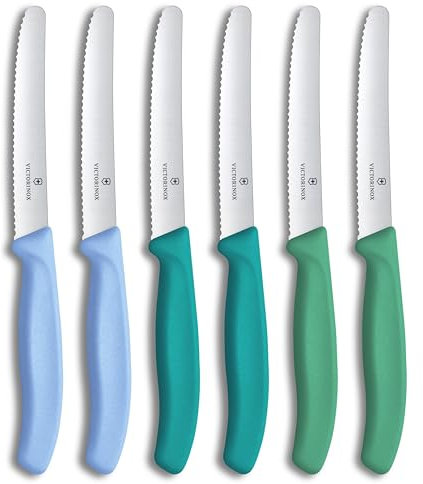 Victorinox Swiss Classic, Frühstücksmesser, Brötchenmesser Set, 6teilig, Scharfe Klinge, Wellenschliff, 11cm, Rostfreier Stahl, Blau und Grün