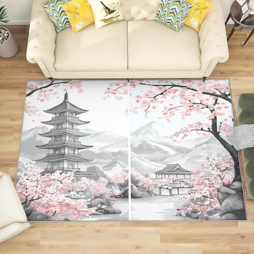 Alfombra Salon de Pelo Corto Arquitectura Tradicional Japonesa, Alfombras Suave Flores de Cerezo Rosas Antideslizante y Lavable para Salón, Dormitorio y habitación Infantil Adorno Tapete 80x150 cm