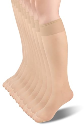 Fangshu Pack de 10 calcetines hasta la rodilla para mujer, 15 DEN, resistentes al desgarro, de nailon, transparente, hasta la rodilla, calcetines sedosos de nailon