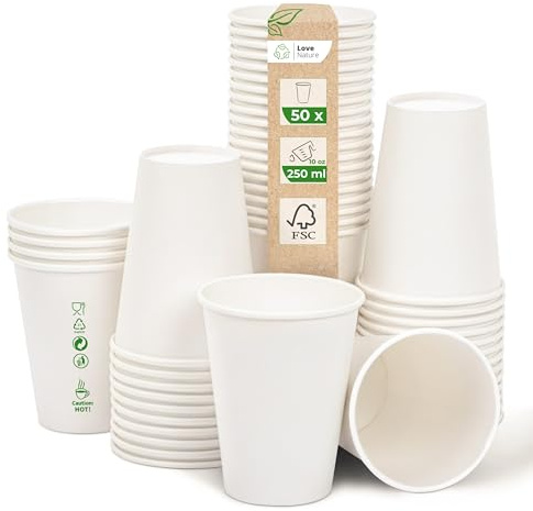 Love Nature Pappbecher Weiß 250 ml 10 oz – Kaffeebecher 50 Stück – Coffee to go Becher - Einwegbecher zum Servieren von Kaffee, Tee, heißen und kalten Getränken