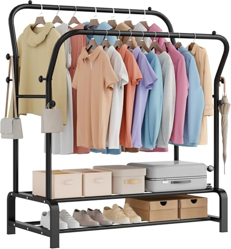 OPPAIYA Schwerlast Kleiderständer & Garderobenständer mit Doppel-Kleiderstange und 8 Haken, Stabiler Metall Kleiderwagen mit breiter Bodenablage, Für Schlafzimmer oder Flur – 110×51×145 cm, Schwarz