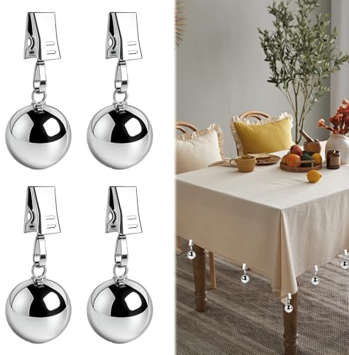 BaZuyunMd 4 pesi per tovaglia, extra pesanti, sfere in acciaio inox con clip, per tavolo da picnic all'aperto, tende e bandiere, argento