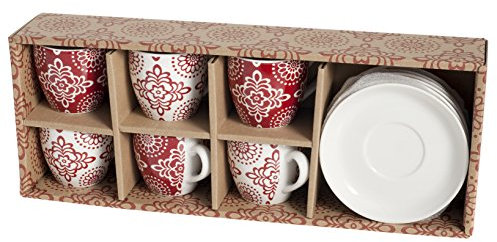 H&H Ellen Lot de 2 Tasses à café avec soucoupes, Bone China, Blanc/Rouge, 6 unités