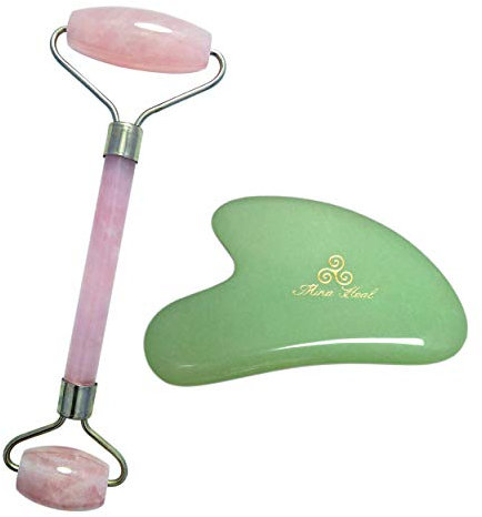 Rodillo facial de jade para antienvejecimiento, antiarrugas, cuidado de la piel, herramienta de masajeador de cuarzo rosa (rodillo de jade y masajeador Gua Sha)