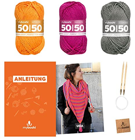 myboshi Strickset Dreieckstuch Uda, inkl. 50/50 Wolle, Nadel und Anleitung, für Oberbekleidung, Strickpaket, 50% Merinowolle, 50% Baumwolle Pink, mit Rundstricknadel