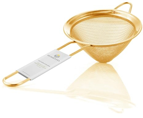 Homestia Fine Mesh Strainer for Kitchen, 304 Stainless Steel Sieve Sifters Cocktail Strainer for Food, Tea, Oil, Noodles, Coffee, Juice, Flour, Fruits, Vegetables - Easy to Clean Drink Strainer (Gold)