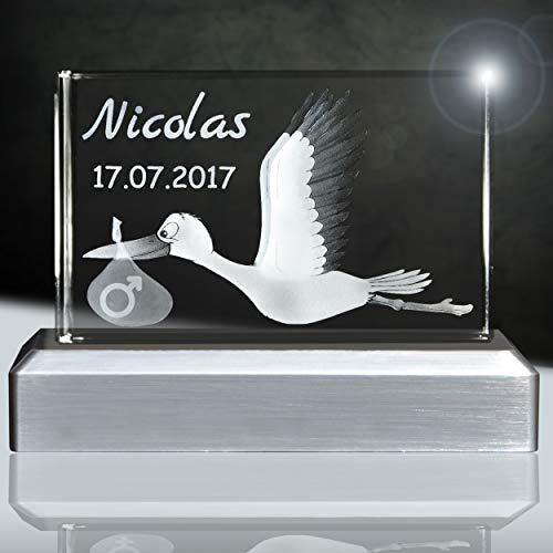 Personalisierter Storch zur Geburt 3D in Glas inkl. Leuchtsockel
