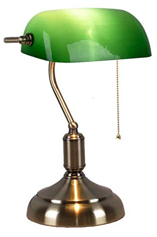 HJXDtech Vintage Desk Lamp/Table Light/Bedside Study Office Banker's Lamp with Green Glass Shade,Brass Base and Pull Switch