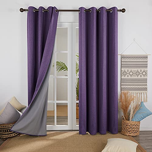 Deconovo 100% Blickdichte Gardinen Verdunkelungsvorhang Leinenimitation Total Verdunkelung Thermovorhang Wohnzimmer mit Ösen 229x132 Dunkelviolett 2er Set